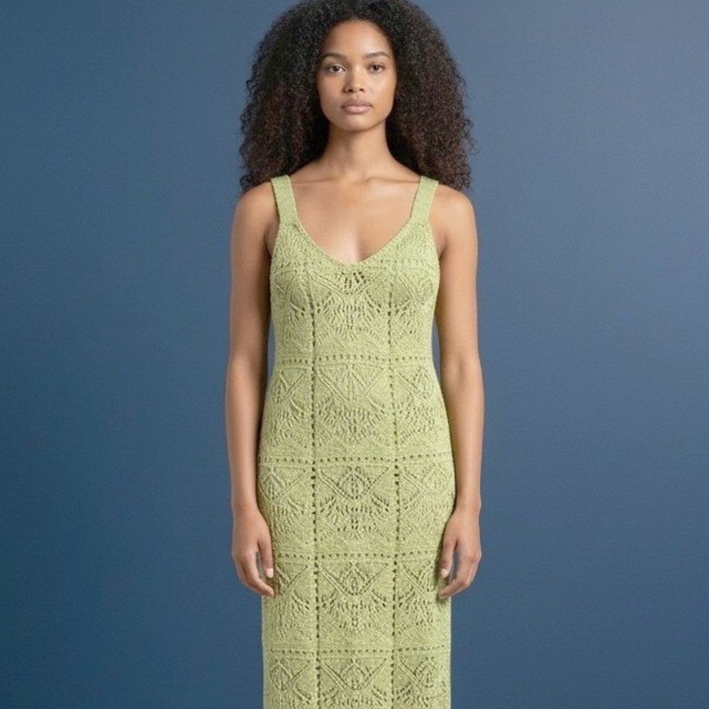 Freshman 1996 Crochet Knit Dress Women Small Lime Green Pointelle Crochet Boho